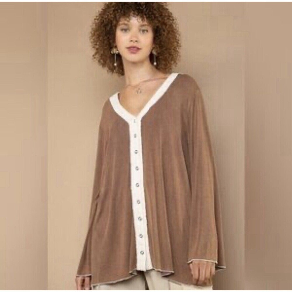 POL Womens M Brown Long Sleeve Henley Style Top Contrast Color Block Boho UKT124